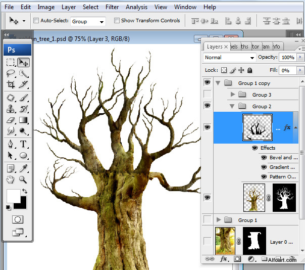 Golden apple tree. Magic scene. Adobe Photoshop Tutorial.